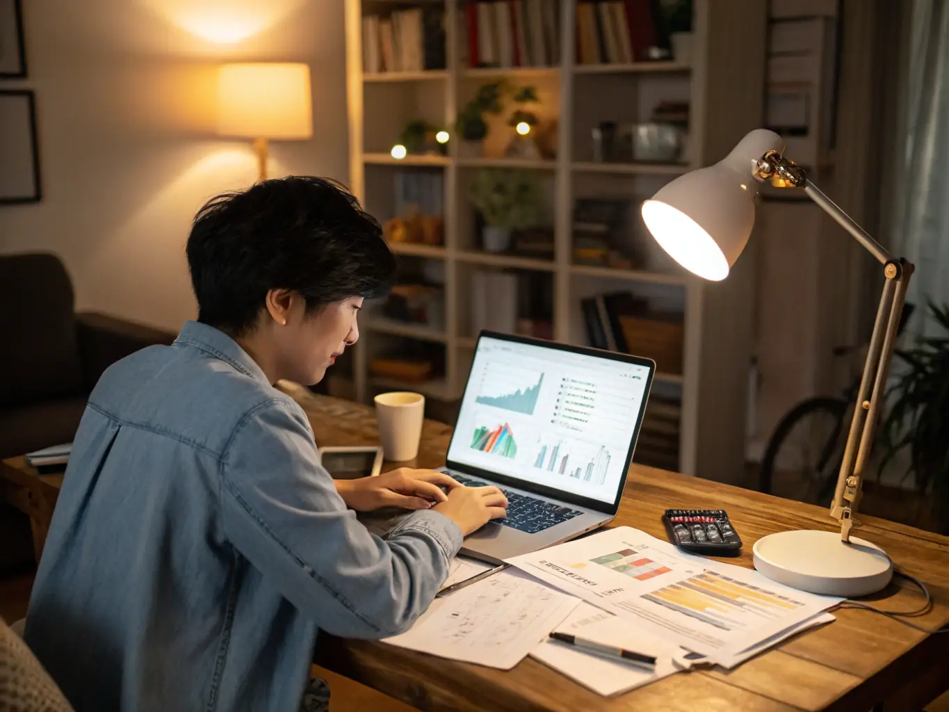 A person reviewing financial documents at a desk, symbolizing the initial assessment of one's financial situation before applying for a mortgage. The setting is a well-lit office, conveying professionalism and attention to detail.