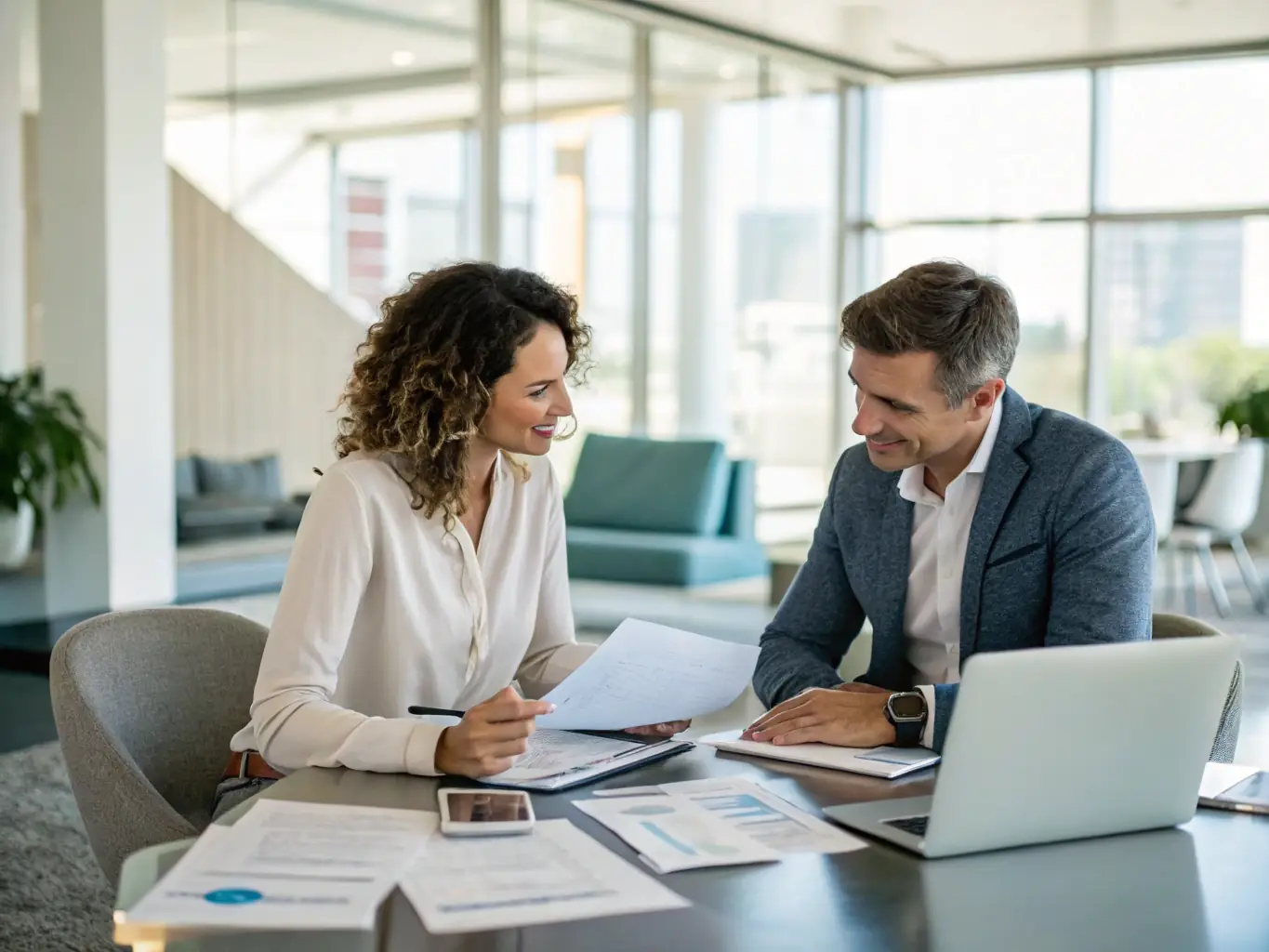 A financial consultant sitting at a desk, reviewing financial documents with a client in a modern office setting, emphasizing collaboration and trust.