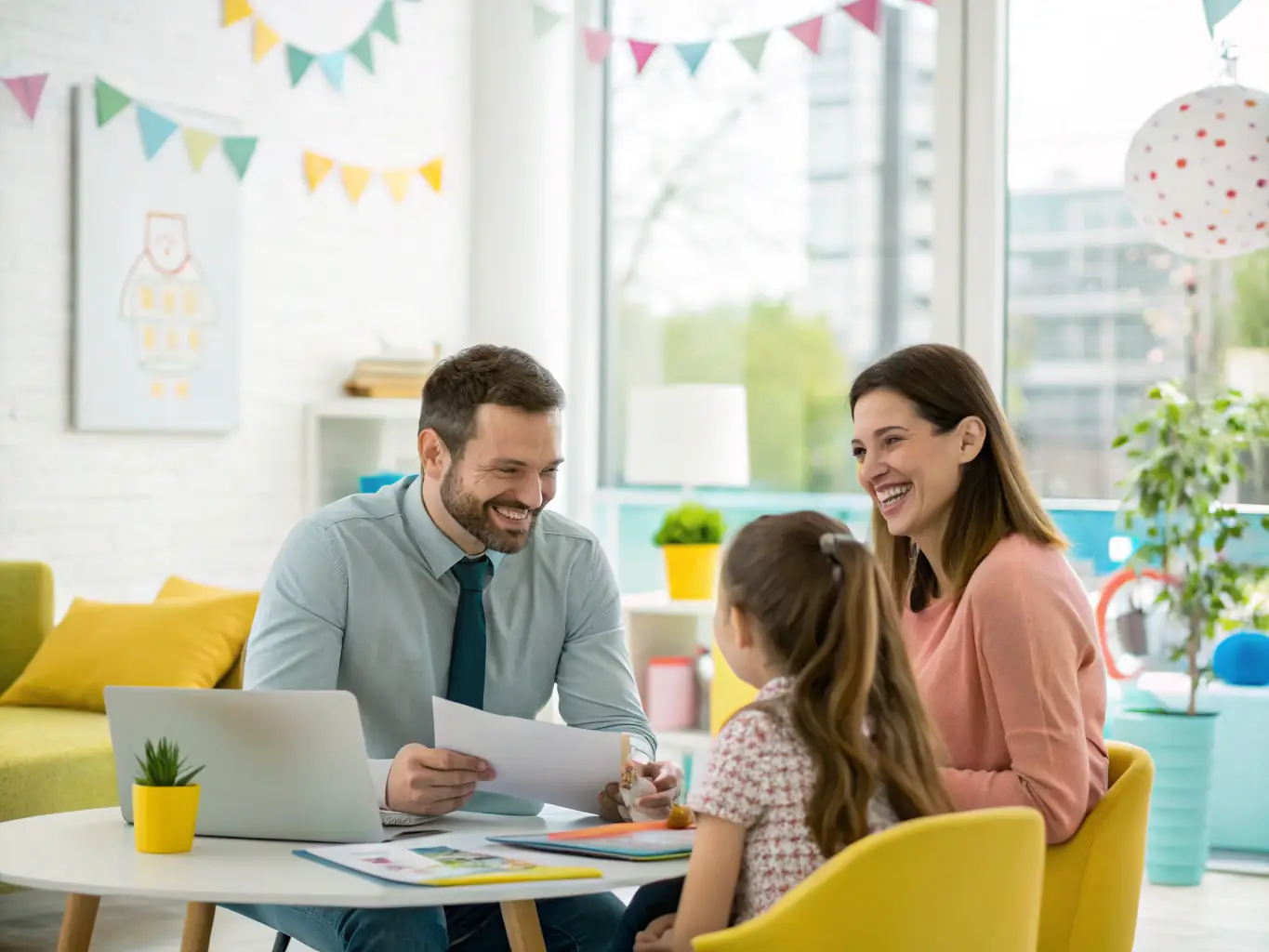 A happy family reviewing home loan documents with a financial advisor, symbolizing mortgage guidance.