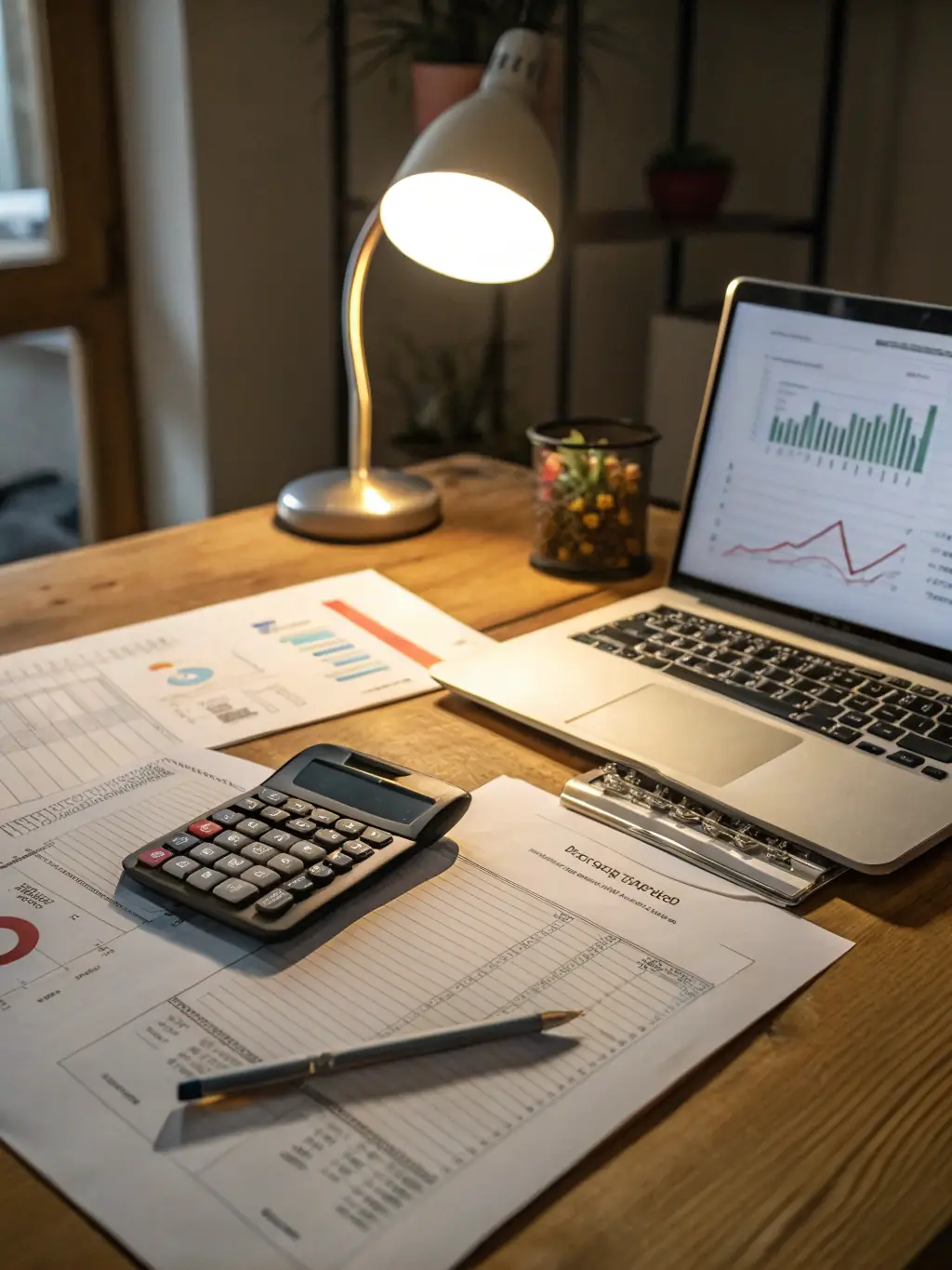An image of a person reviewing financial documents with a calculator and a laptop, symbolizing savings planning.
