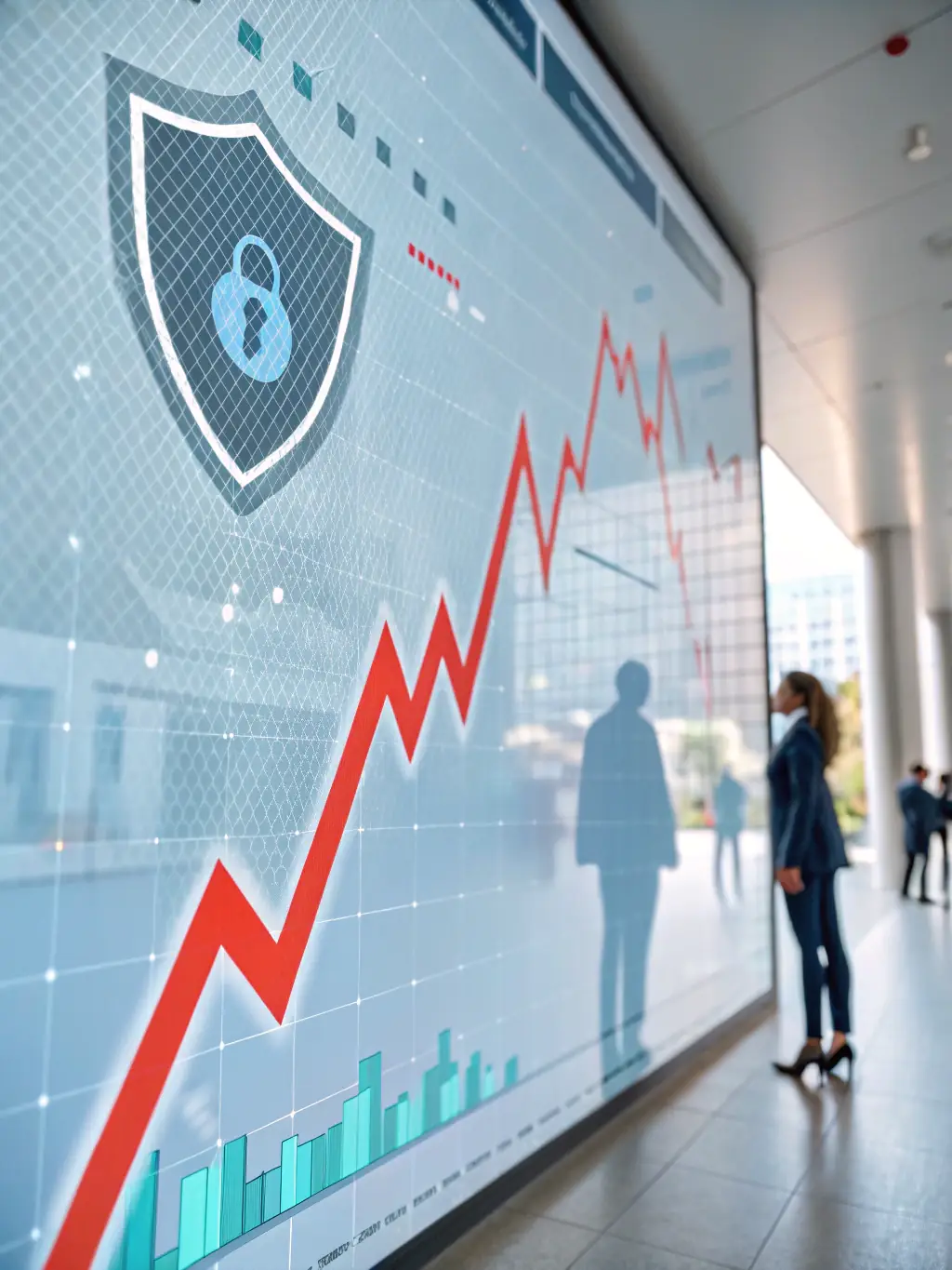 A shield icon overlaid on a graph showing market fluctuations, representing the risk management aspect of financial planning.