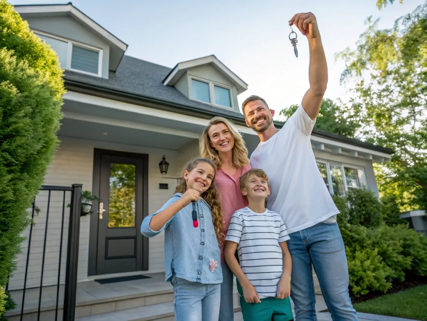 A family receiving keys to their new home, symbolizing the joy and security of finding the right mortgage with expert assistance.