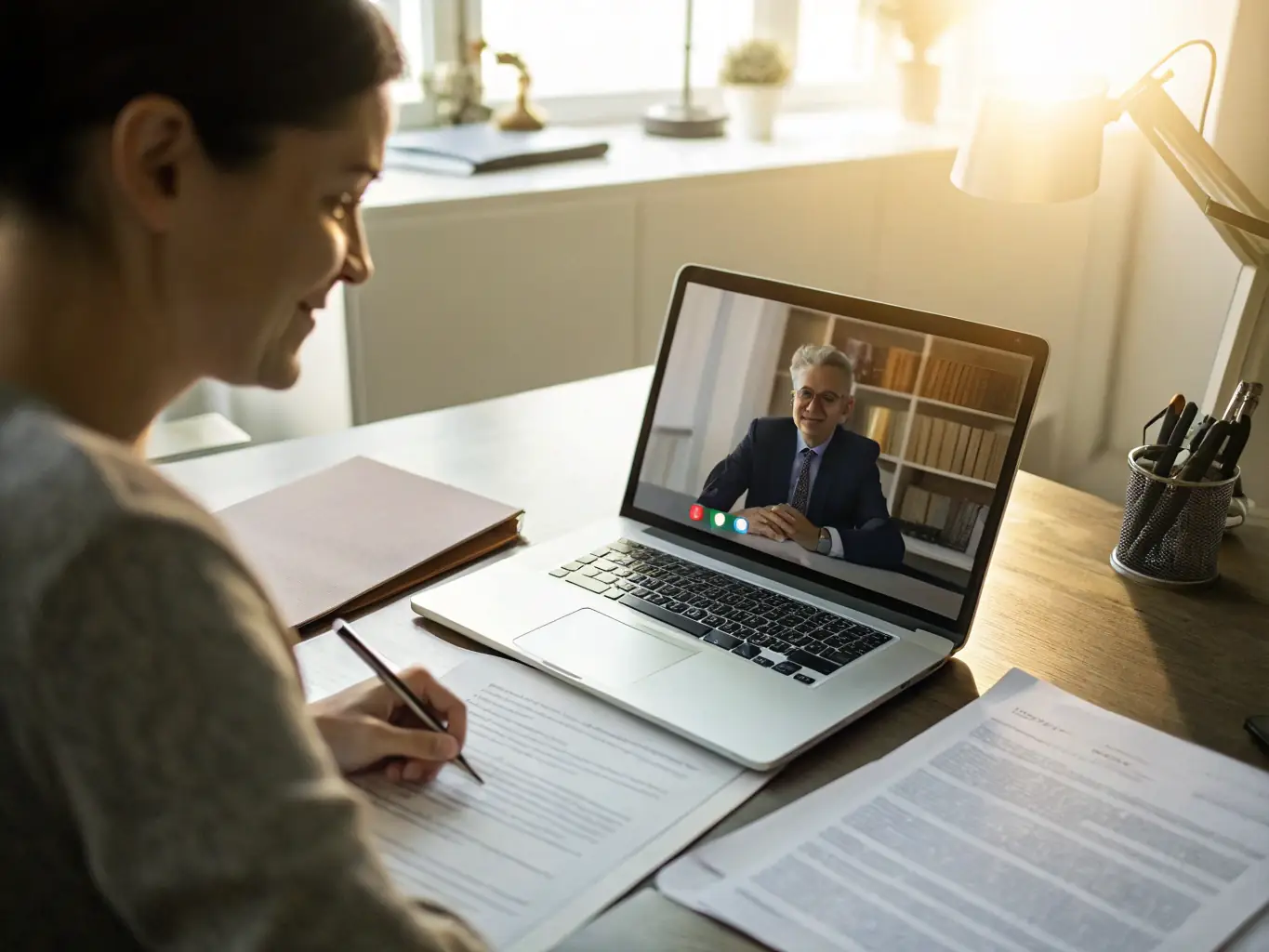 A person signing mortgage documents with a consultant present via video call, highlighting the convenience of online mortgage solutions.