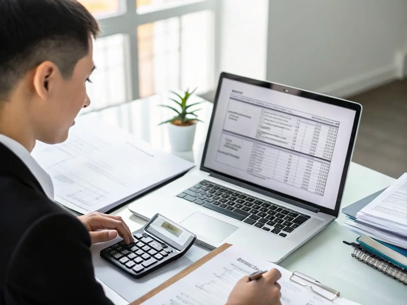 An image of a person reviewing financial documents with a calculator and a laptop, symbolizing savings planning.