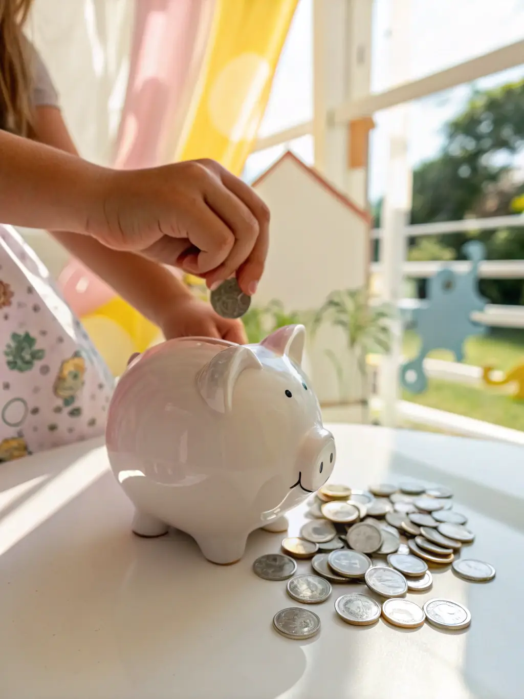 A person putting money into a piggy bank, symbolizing saving as a key feature of financial planning. The background is a cozy home setting.