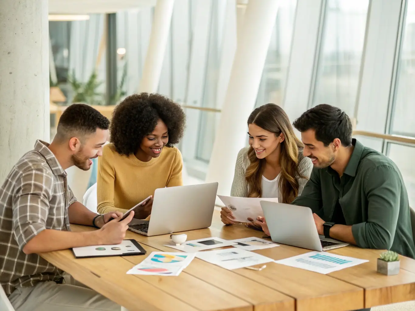 A diverse group of people discussing investment options around a table, showcasing the collaborative approach to investment strategy design.