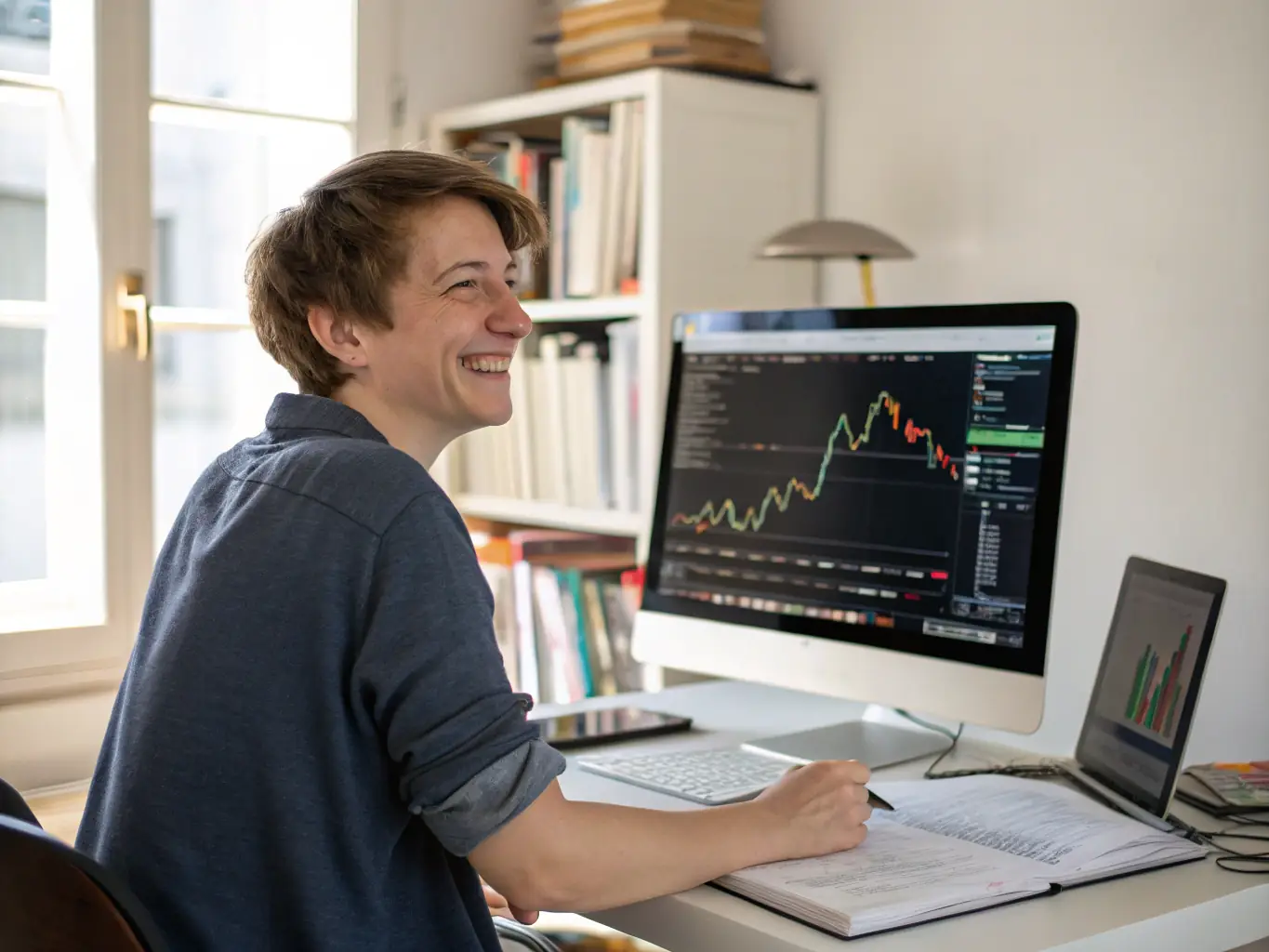 A person happily reviewing their investment portfolio on a tablet in a modern, sunlit home office, showcasing the benefits of online financial consulting.